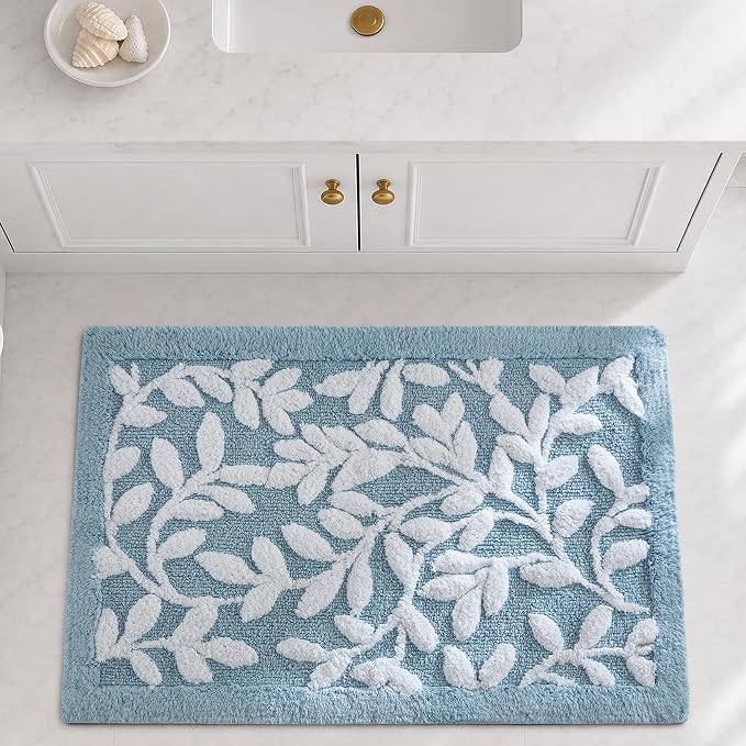 Madison Park Serene Tufted Bath Rug Cotton Absorbent, 21 x 34, Blue | Quick Dry, Soft Pile, Machine Washable, Floral Pattern, Plush, OEKO-TEX Certified