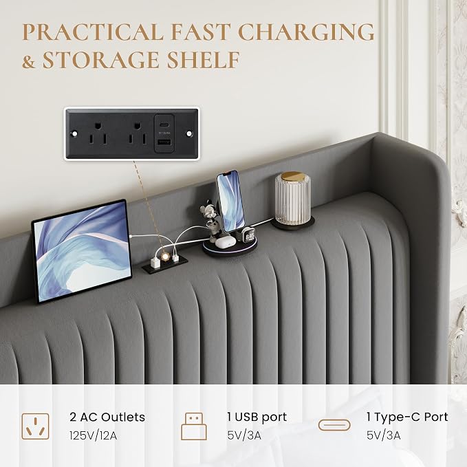 SHA CERLIN King Size Velvet Bed Frame with Shelf, Charging Station, Grey | Wingback Storage Headboard, Upholstered Platform Bed, Wooden Slats Support, No Box Spring Needed, Easy Assembly, Noise Free