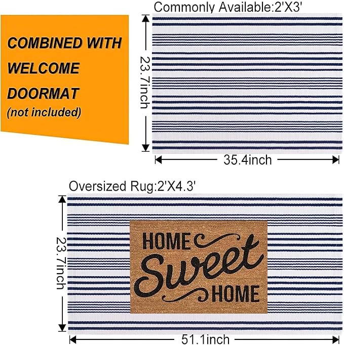 Blue and White Outdoor Rug 24'' x 51''Front Porch Rug Hand-Woven Machine Washable Indoor Layered Door Mats for Entryway/Bedroom