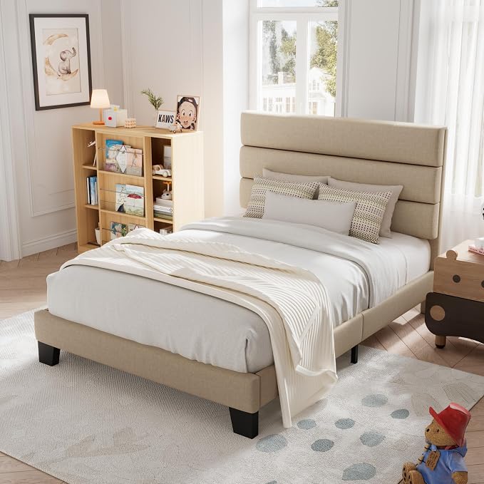 Allewie Twin Size Platform Bed Frame with Fabric Upholstered Headboard | Wooden Slats Support, Fully Upholstered Mattress Foundation, No Box Spring Needed, Easy Assembly, Noise-Free, Beige