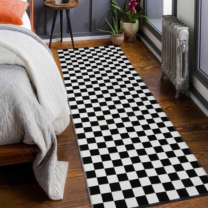 Seavish Checkered Runner Rug, 2x6 Ft Black and White Hallway Runner Rug | Washable Indoor Outdoor Entryway Runner Rug Reversible Checkerboard Area Rugs for Bedroom Bathroom Laundry Room Kitchen