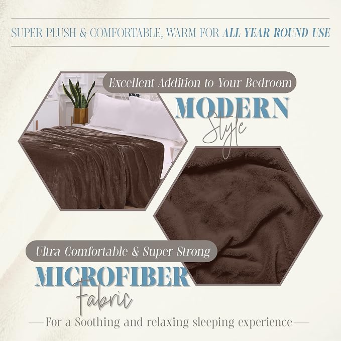 Elegant Comfort Luxury Velvety Feel Blanket, All-Season Lightweight Blanket, Ultra Plush, Soft, Cozy-Fuzzy Flannel Fleece for Couch, Sofa, Bed, Travel, Solid Design, Twin/Twin XL, Brown