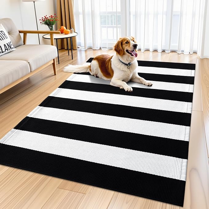 OLANLY Black and White Striped Rug 5'7" x 7'7" – Washable Cotton Indoor Outdoor Doormat for Front Door, Entryway, Kitchen, Porch, Patio Decor