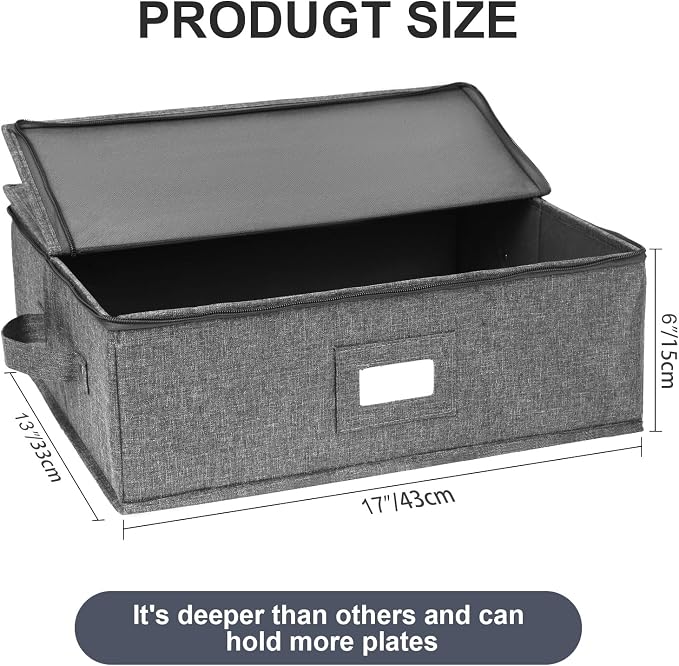 Platter Storage 2 Pack, China Storage Containers Hard Shell 17" x 13" x 6" | China Platter Storage Containers with 5 Felt Dividers Included, Structured Top and Stackable (Linen Grey)