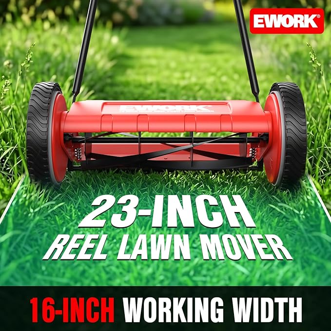 EWORK Push Reel Lawn Mower 23" with 5-Blade Cutting System for Lawn Care | Manual Lawn Mower with 4 Adjustable Cutting Heights, Sponge-Wrapped Handle, Tool-Free Assembly, Reel Mowers for Garden, Yard
