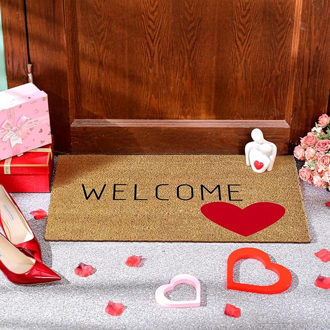 Ceenna Valentine's Day Coir Doormat Romantic Outdoor Indoor Decoration Red Heart Non Slip Welcome Door Mat 15.7" x 27.5" Valentine's Day Rug Decorative Front Door Mat for Porch Gifts