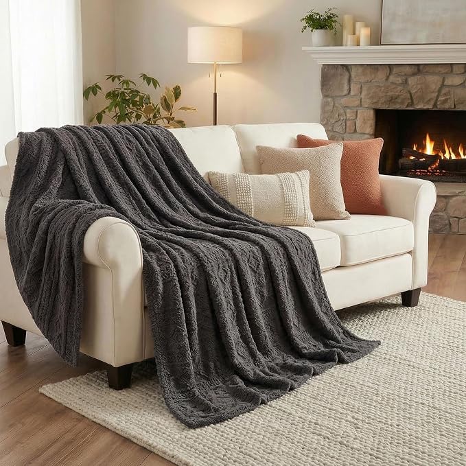 SUPERIOR Fleece Boho Jacquard Blanket, Decorative Blankets for Bedroom, Sofa, Fuzzy, Plush, Fluffy, Soft, Cute Room Decor, Beautiful Cover, Comfort Essentials, Arctic Collection, Twin, Charcoal
