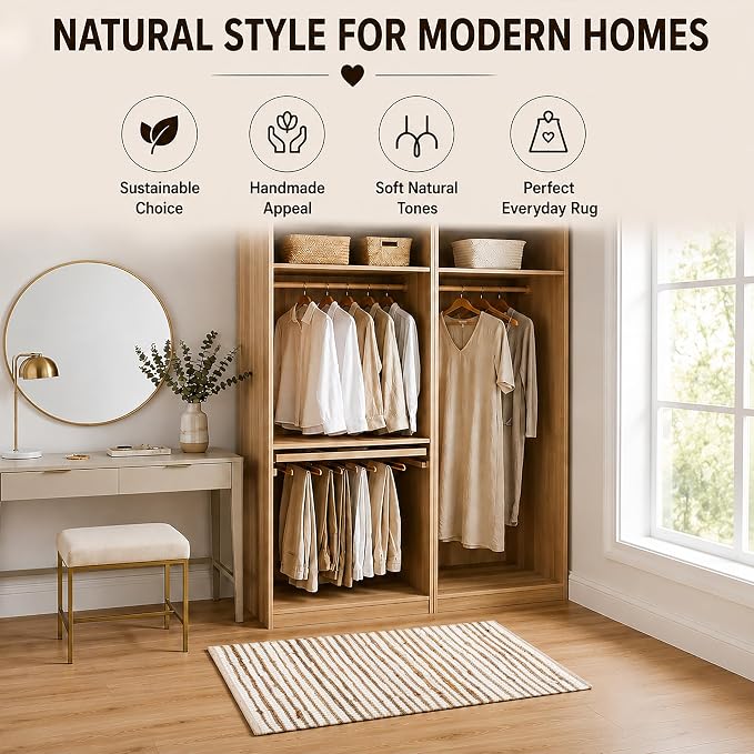 THE BEER VALLEY Jute Cotton Stripe Kitchen Rug 2x3 Feet - Natural White | Small Neutral Area Door mat for Entryway, Easy Clean Outdoor Indoor Boho Entry Rugs