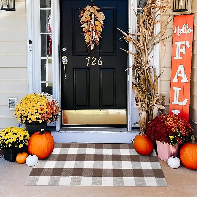 KIMODE Fall Decor Front Door Mat Buffalo Plaid Outdoor Rug 27.5"x43" Brown and White Checkered Rug Farmhouse Fall Thanksgiving Front Porch Rug Washable Cotton Layered Doormats Autumn Mats