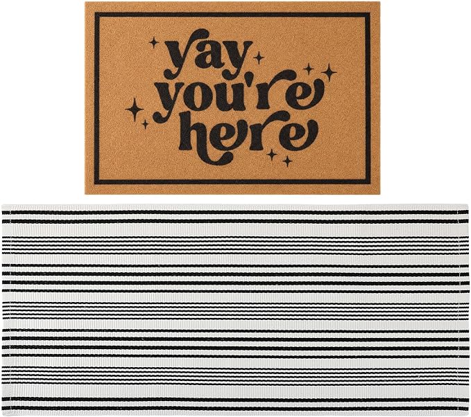 2 Pcs Outdoor Door Mat Combo Set Layered Outdoor Rug and Coir Welcome Doormat Non Slip Outside Floor Mat for Front Porch Entryway Patio Yard Decor(Yay You're Here,24'' X 51',18'' X 28'')
