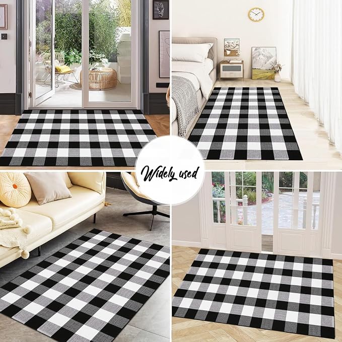 Buffalo Plaid Rug 3'x5' Black and White Checkered Rug Front Door Mat Outdoor Cotton Washable Front Porch Rug Layered Doormats for Front Porch/Farmhouse/Entryway