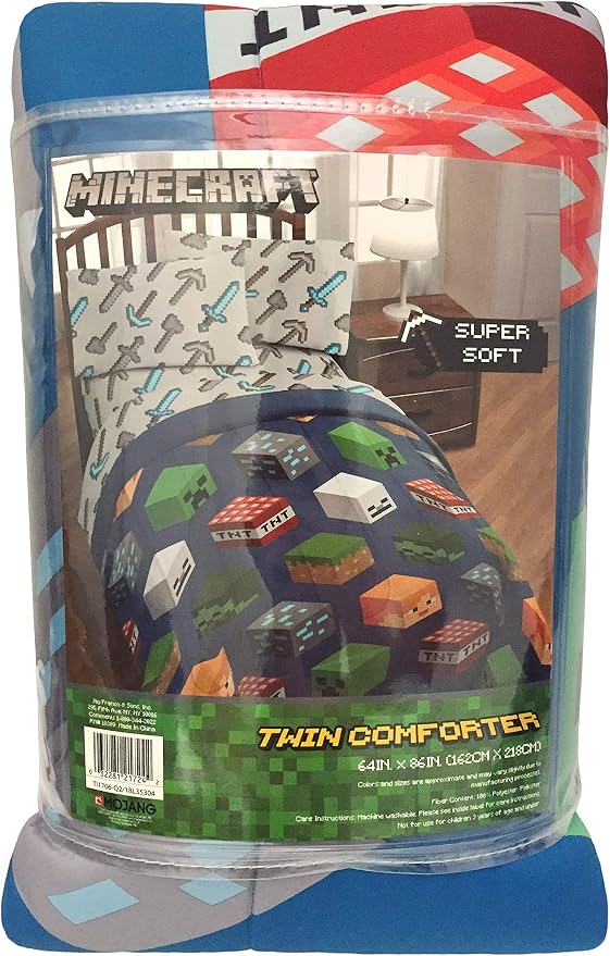 Jay Franco Kids Comforter - Soft and Cozy Bed for Stylish Room Decor, Official Licensed Product, Blue - Minecraft, Twin