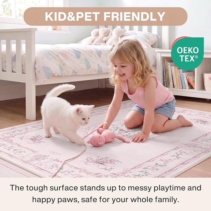 Tribesigns Floral Bow 3x5 Pink Rug for Girls Bedroom, Soft Rose Medallion Washable Nursery Living Room Area Rug, Non-Slip Low Pile Boho Floral Carpet for Dorm Kids Playroom, Pink/3x5