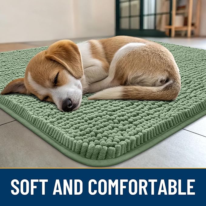Smiry Dog Door Mat for Muddy Paws 47x32, Absorbent Dirt Trapper, Non-Slip Washable Chenille Entryway Rug for Inside Floor, Olive Green, Classic Solid