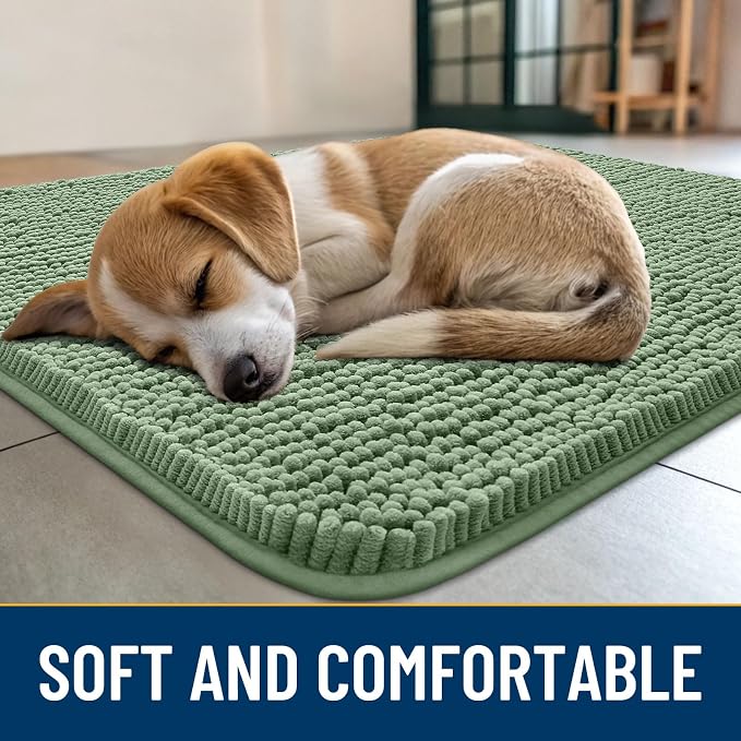 Smiry Dog Door Mat for Muddy Paws 59x24, Absorbent Dirt Trapper, Non-Slip Washable Chenille Entryway Rug for Inside Floor, Olive Green, Classic Solid