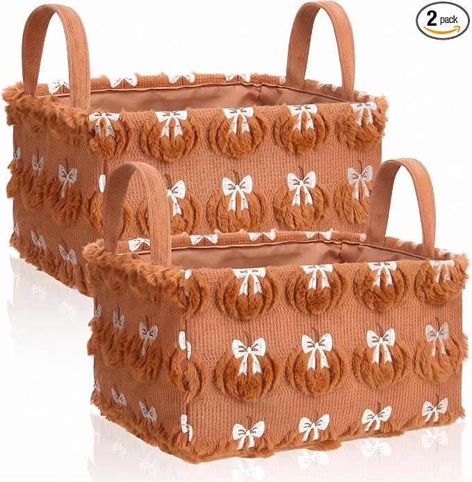 2 Pcs Pumpkin Bow Storage Basket 14x10'' Fall Pumpkin Storage Bin | Back to School Gift, Fluffy Plush, Closet Organizer with Handle, Thanksgiving, Halloween, Home Office Laundry Car Shelves