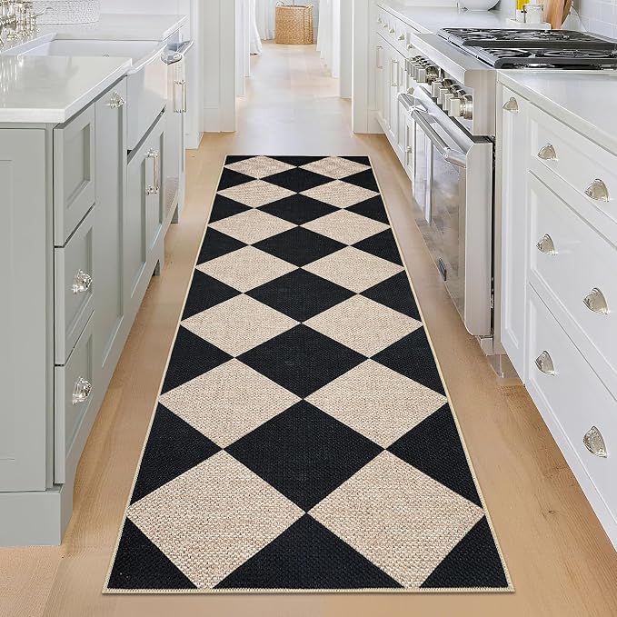 COZYLOOM Geometric Runner Rug 2x6 Kitchen Rugs Non Slip Washable Modern Diamond Pattern Rug for Entryway Non Shedding Low Pile Floor Cover Stain Resistant Foldable Carpet for Bathroom Hallway, Black