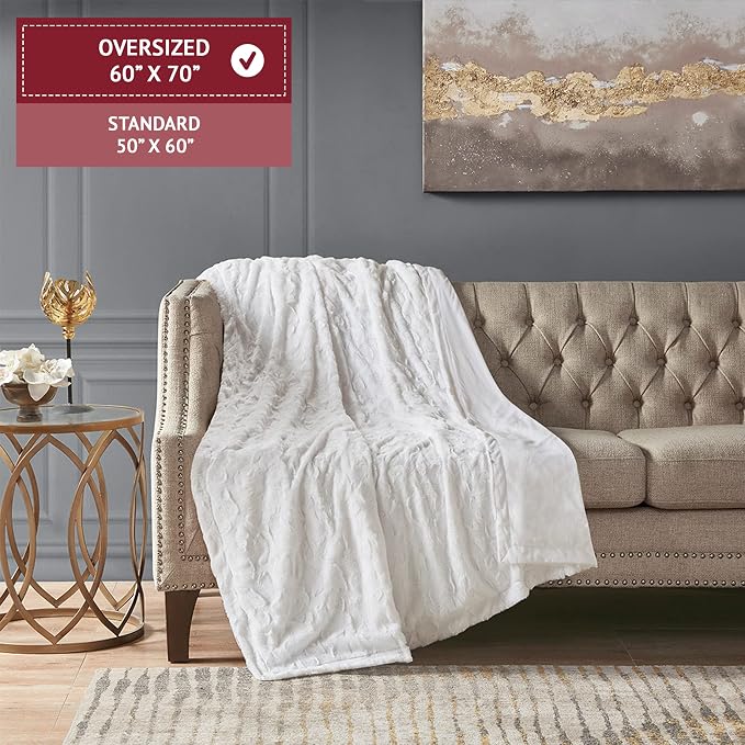 Madison Park Zuri Faux Fur Reversible Throw Blanket, 50 x 60 in, White | Oversized Soft Plush, Luxury, Animal Stripes, Mink Reverse, Modern, All Season, for Bed Sofa Couch, OEKO-TEX Certified