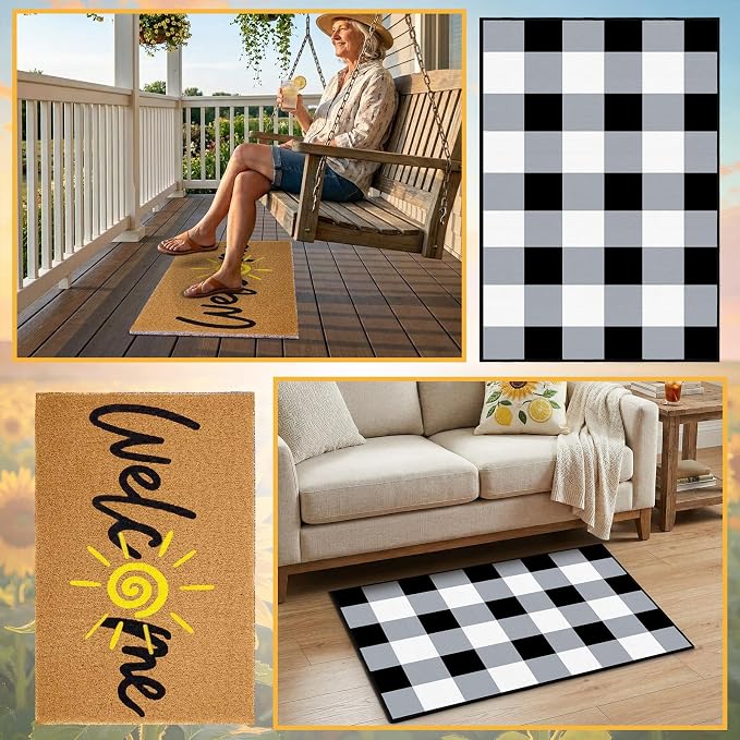 2 Pcs Summer Welcome Door Mat Set, Welcome Sun Decorative Front Door Mat and Buffalo Plaid Rug, Washable Entryway Rug for Outdoor Indoor Home Farmhouse Porch Decor, 16x24 and 24x32 Inch