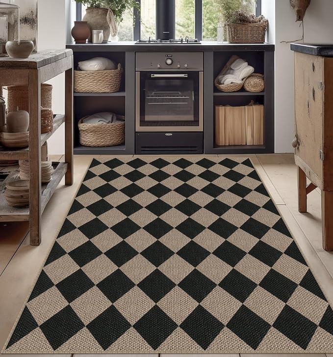Rugalia Easy Jute Checkered Area Rug, 4x6 Black Modern Washable Rugs for Living Room Non-Slip Low Pile Entryway Mat, Farmhouse Diamond Indoor Outdoor Carpet for Kitchen Backyard Bedroom Office