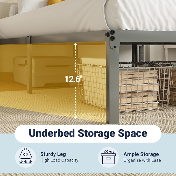 Allewie Full Size Bed Frame, 14 inch Metal Beds with Storage Space, Grey | Heavy-Duty Metal Platform Beds, Large Under-Bed Storage Space, No Box Spring Needed, Easy Assembly