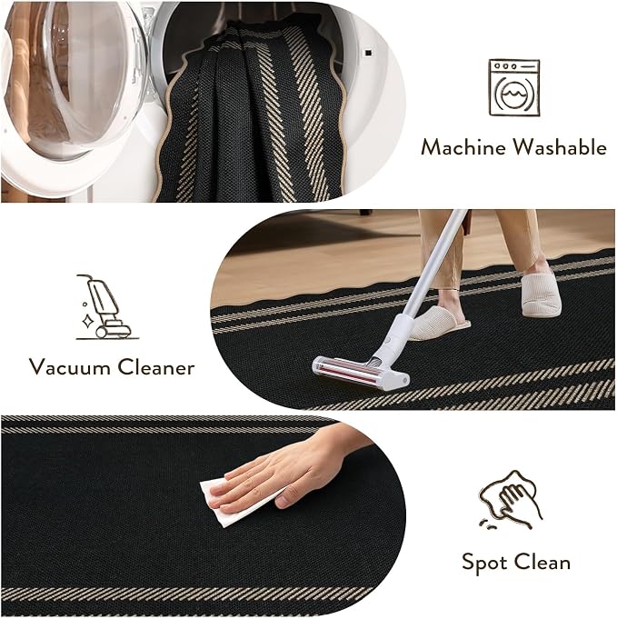 LIVEBOX Scalloped Easy Jute 2x3 Kitchen Rug, Black Front Door Mat Small Indoor Outdoor Rug for Entryway, Washable Non Slip Farmhouse Area Rugs, Tan Neutral Carpet Doormat for Porch Doorway Foyer