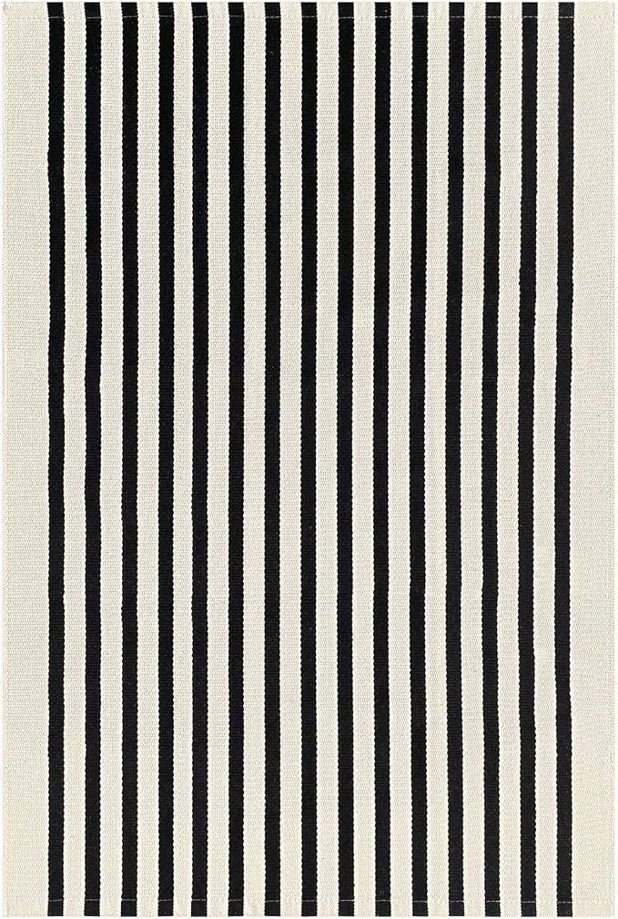 KOZYFLY 3'x5' Cotton Area Rug, Black and Beige Striped Outdoor Rug, Hand-Woven, Machine Washable, Perfect for Front Door, Kitchen, Living Room