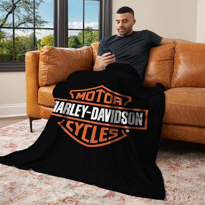 Harley-Davidson Classic Shield Silk Touch Throw Blanket, 46 x 60 in | 100% Polyester, Velvety Feel, Lightweight Warmth, Couch Bed Chair Lounging, Giftable Indoor Comfort