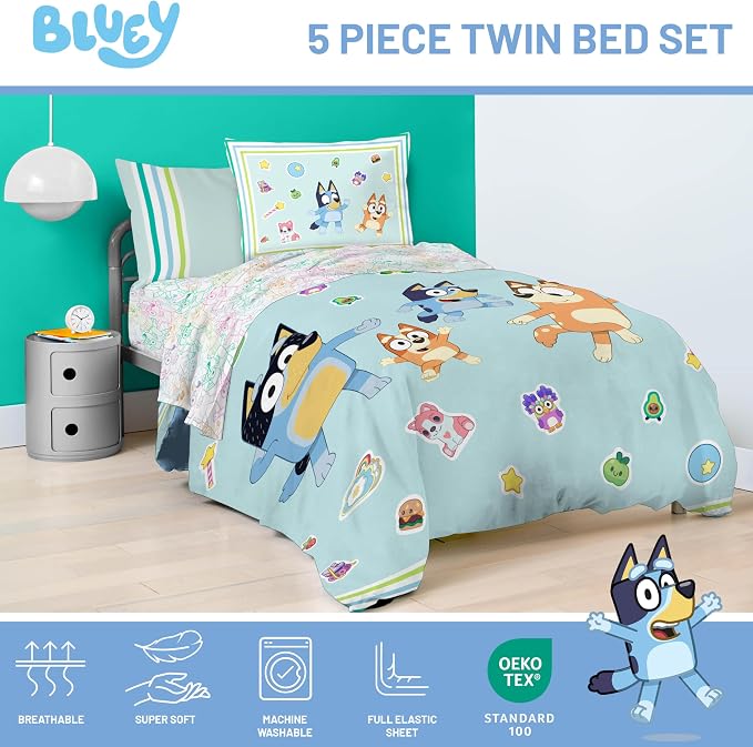 Bluey Bingo Twin Comforter Set 5 Piece Soft Kids Cartoon Bedding, Blue | Bed in a Bag, Comforter Sheets Sham Pillowcase, Official Product, Soft Microfiber, Machine Washable, Easy Care, Kids Gift