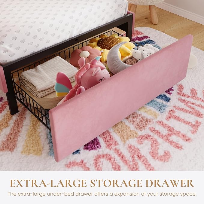 SHA CERLIN Twin Size Bed Frame with LED Lights and Storage Drawer, Pink | Upholstered Velvet Platform Bed with Adjuatable Wavy Headboard, Noise-Free, Easy Assembly,No Box Spring Needed