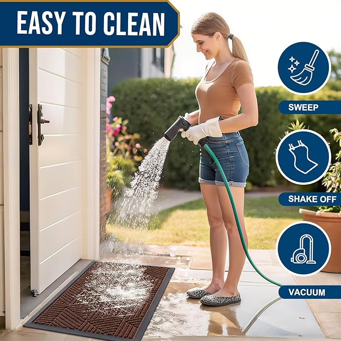 Smiry Front Door Mat Outside Entrance, Heavy Duty Sturdy Natural Rubber Doormat, Trap Dirt and Moisture, Easy Clean Low Profile Mats for Indoor Outdoor Entry, Irregular Triangle (29.5x17, Deep Coffee)