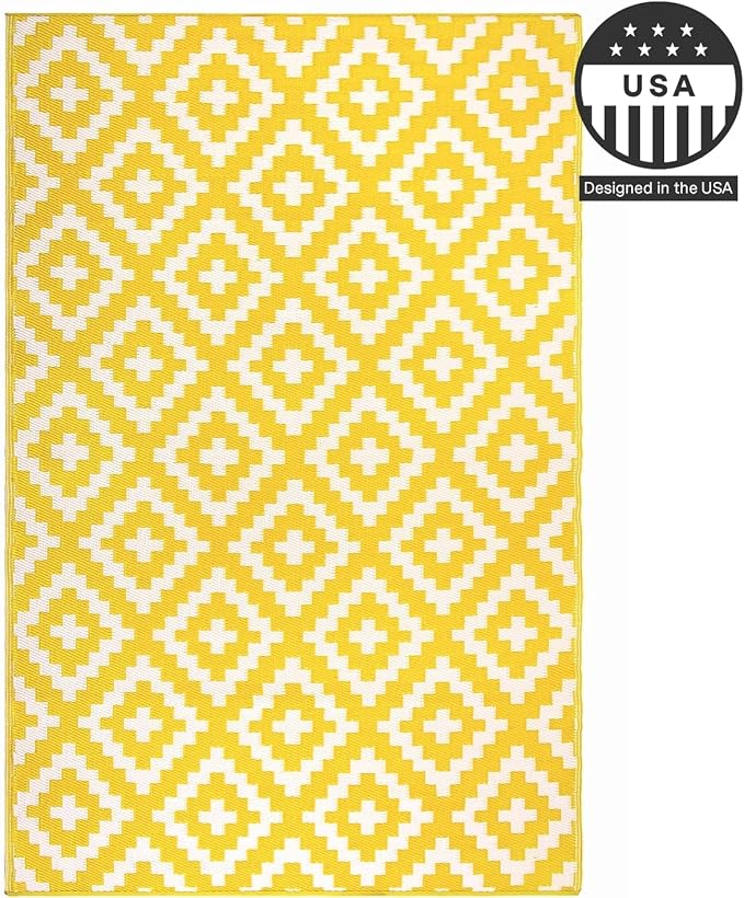 FH Home Outdoor Camping Rug - Waterproof, Fade Resistant, Reversible - Premium Recycled Plastic - Geometric - Picnic, Patio, Deck, Sunroom, RV - Aztec - Yellow & White - 4 x 6 ft Foldable