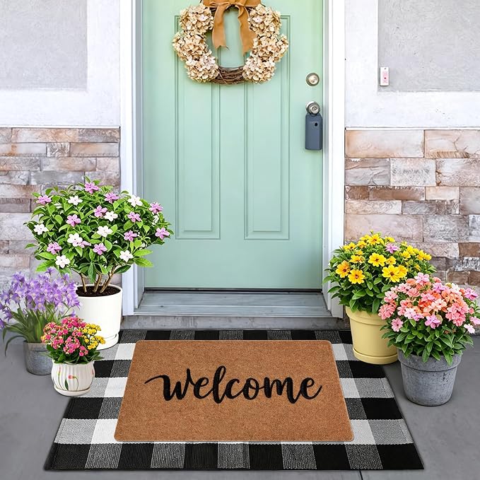 2 Pcs Home Decor Door Mat Combo Set, Coir Welcome Mat & 27.5 x 43 Inches Black and White Plaid Rug,Layered Buffalo Plaid Mat for Front Porch Entryway, Indoor Outdoor Welcome Mats