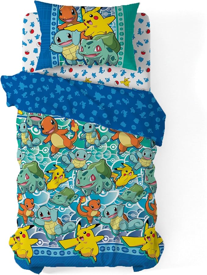 Northwest Pokemon First Starters Twin Size Bed in a Bag Set, Pikachu Charmander Squirtle Bulbasaur, Kids Boys Girls Bedding Comforter Sheets