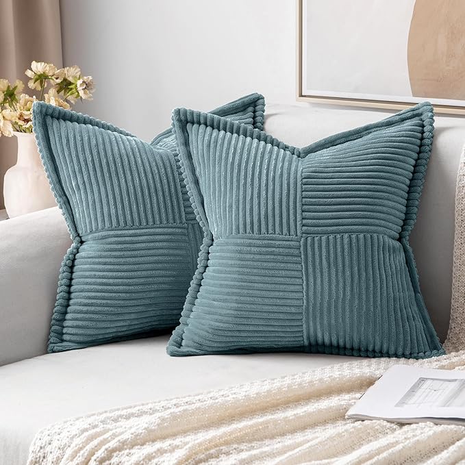 MIULEE Decorative Throw Pillow Covers for Couch Bed Livingroom 20x20 Inch Set of 2 Dusty Blue Boho Accent Throw Pllows Broadside Striped Patchwork Soft Corduroy Summer Coastal Pillowcases