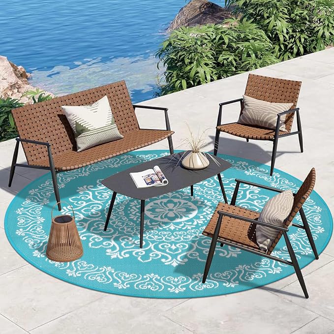 Pauwer Outdoor Rug 8ft, Waterproof Plastic Straw Camping Rug, Floral Teal | Reversible Patio Rug, UV Resistant Indoor Outdoor RV Mat Carpet For Deck, Camper, Porch, Balcony, Backyard, Picnic, Foldable