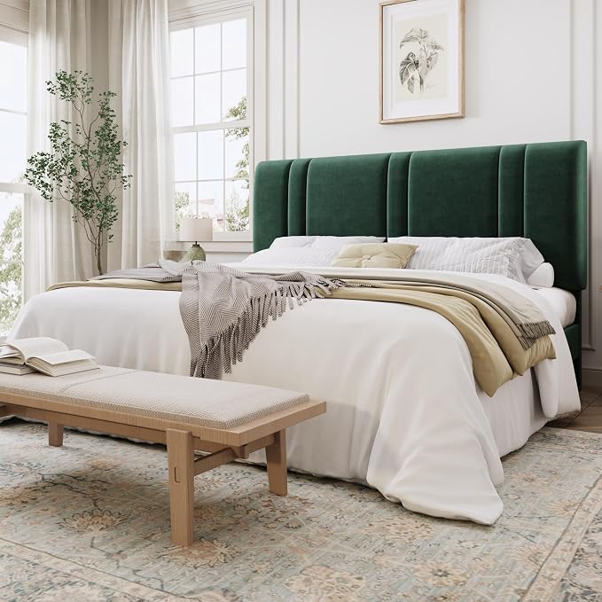 SHA CERLIN California King Bed Frame, Velvet Upholstered Bed with Adjustable Headboard, Vertical Channel Tufted Design, Sturdy Wood Slat Support, No Box Spring Needed, Easy Assembly, Green