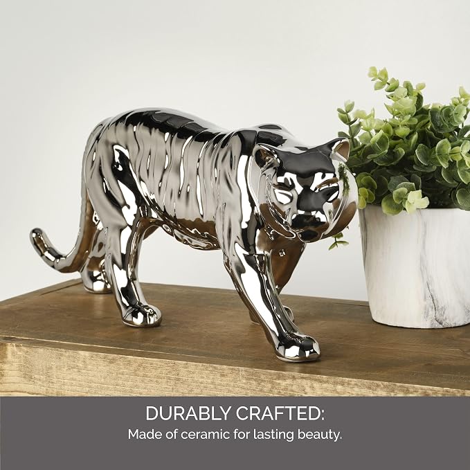Elements Silver Tiger Ceramic Statue, 16.53 x 4.92 x 6.89 Inch Elegant Crouching Tiger Figurine, Modern Silver Finish Animal Sculpture for Living Room and Office Decor, Large Tabletop Accent