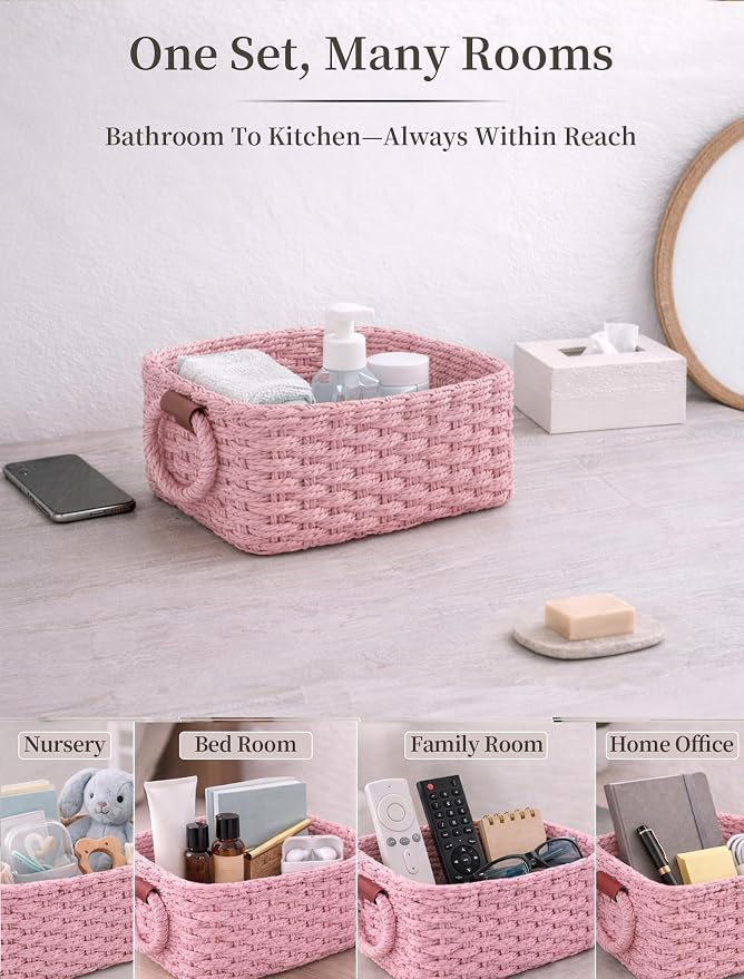 Small Wicker Baskets, 3 PCS Paper Rope Baskets for Shelves, Pink | Recycled Small Baskets, 3 Sizes Woven Baskets for Organizing, Decorative Storage Baskets for Bedroom and Bathroom