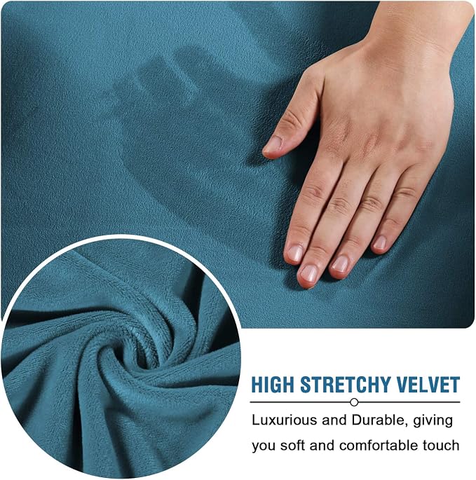 H.VERSAILTEX Modern Velvet Plush 4 Piece High Stretch Sofa Slipcover Sofa Cover Furniture Protector Form Fit Luxury Thick Velvet Sofa Cover for 3 Cushion Couch Width Up to 90 Inch (Sofa,Peacock Blue)