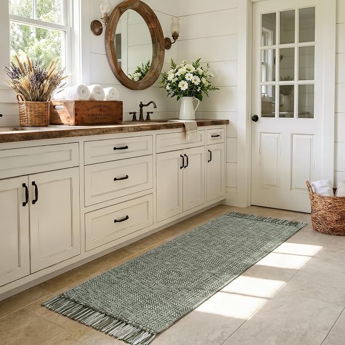 Collive 2' x 6' Kitchen Runner Rug, Modern Farmhouse Washable Bathroom Mat, Boho Sage Green Hallway Runner Rugs Hand-Woven Reversible Bedroom Carpet for Laundry Entryway Home Decor