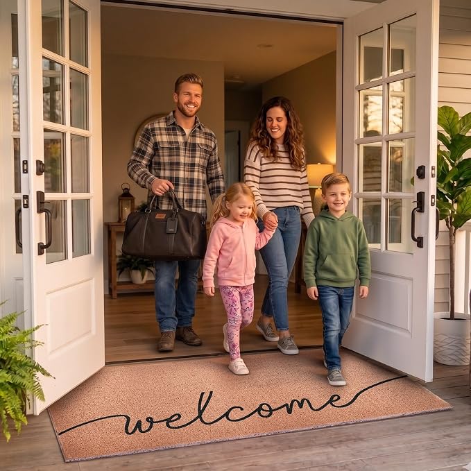 Welcome Extra Long Doormat for Double Door Entrance, 24x59 Inch | Oversized Modern Minimalist Welcome Mat, Large Heavy Duty Front Porch Rug, Non Slip PVC Backing, for Indoor Outdoor Entryway