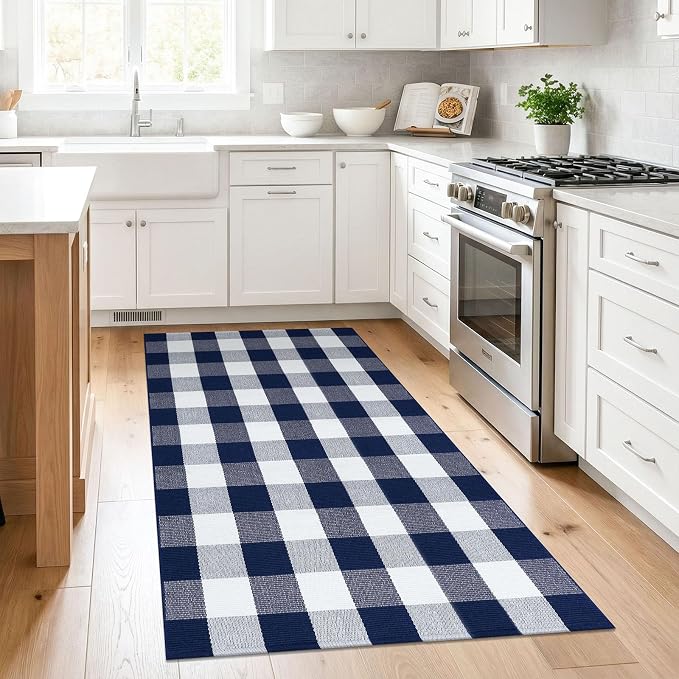 KILOCOCO Buffalo Plaid Checkered Rug 3x5 ft Blue and White Front Door Rug | Machine Washable Front Porch Rug, Outdoor Indoor Entryway Rug, Cotton Layered Doormat, Low Pile Rugs for Kitchen Patio