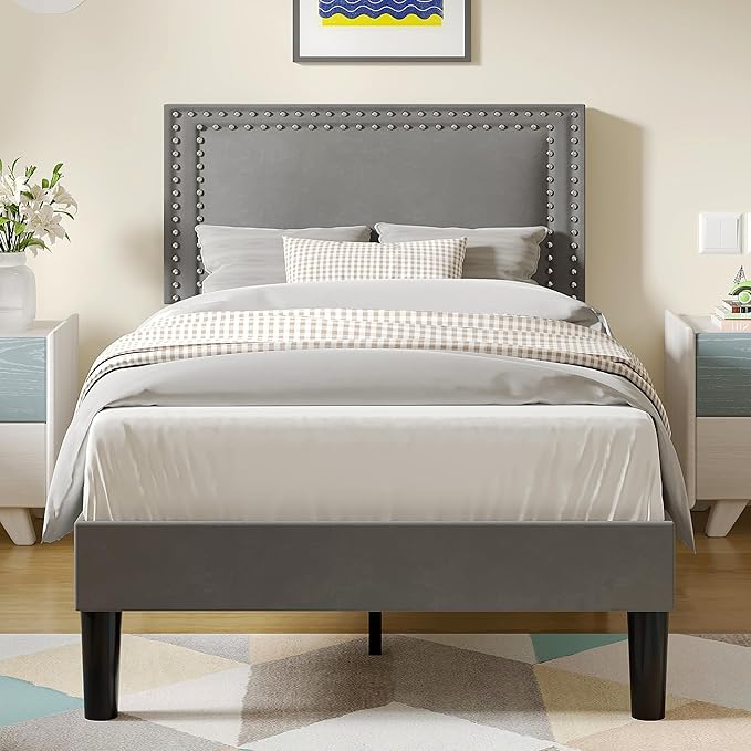 VECELO Twin Size Platform Bed Frame with Height Adjustable Upholstered Headboard, Modern Mattress Foundation,Strong Wood Slat Support, No Box Spring Needed, Easy Assembly, Dark Grey