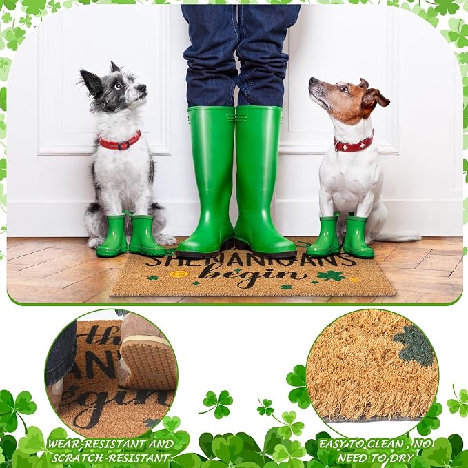 Ceenna St. Patrick's Day Welcome Doormat Outdoor St. Patrick's Day Coir Doormat with Non Slip Backing Shamrock Clover Green Irish Door Mat Front Porch Rugs for Home Entrance, 16 x 28Inches