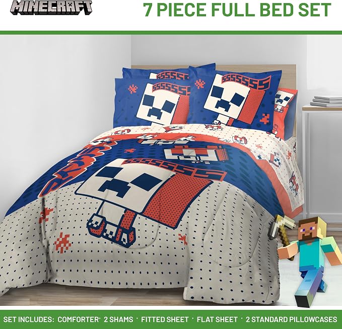 Minecraft Creeper Full Comforter Set 7 Piece Soft Kids Bedding, Blue | Oishi Market, Bed in a Bag, Comforter Sheets Shams Pillowcases, Official Product, Microfiber, Machine Washable, Kids Gift