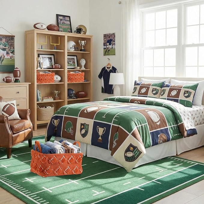 2 Pcs Football Storage Baskets 14x10'' Back to School Gift Basket | Sport, Foldable, Fluffy, Laundry Storage Bin with Handle, Closet Organizer, Preppy Dormitory, Countertop Tabletop Shelf