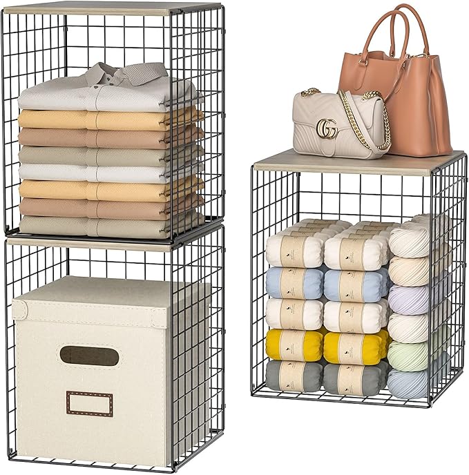 3-Pack Taller Closet Organizers and Storage with Wood Top, Stackable Wire Storage Bins for Clothes, Bags, Towels, Double Storage Design, Sturdy Metal Cube Shelf Organizer for Closet Wardrobe, Black