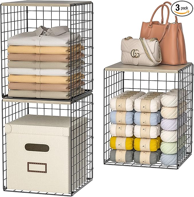3-Pack Taller Closet Organizers and Storage with Wood Top, Stackable Wire Storage Bins for Clothes, Bags, Towels, Double Storage Design, Sturdy Metal Cube Shelf Organizer for Closet Wardrobe, Black