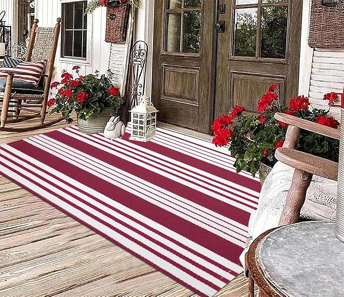 BUAGETUP Red and White Outdoor Rug 3'x 5' Hand-Woven Cotton Washable Rug Striped Front Porch Rug Indoor/Outdoor Area Rug Floor Mat for Farmhouse/Layered Door Mats/Living Room